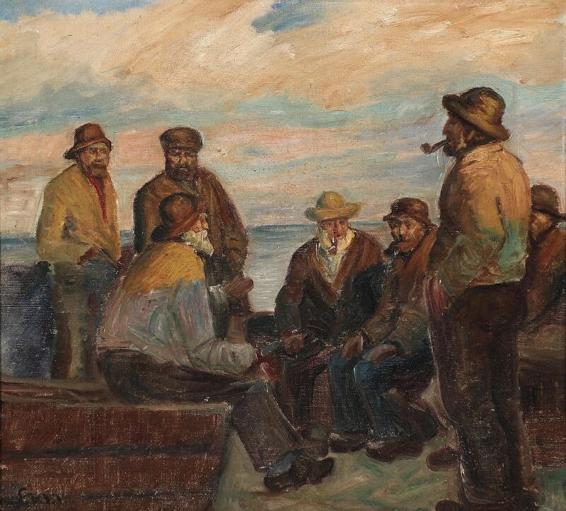 Artwork by Emma Meyer, Fishermen taking a rest in the evening sun, Made of Oil on canvas
