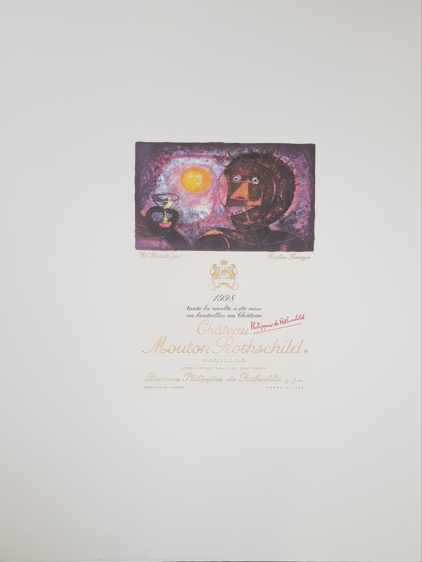 Étiquette Château Mouton-Rothschild 1998 – Œuvre Rufino Tamayo (Pauillac) – Occasion
