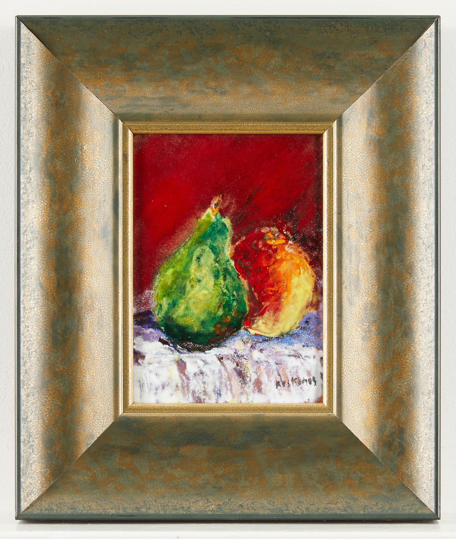 Artwork by Daphne Keskinis, Daphne Keskinis "The Three Pears" Still Life, Made of Enamel on copper painting