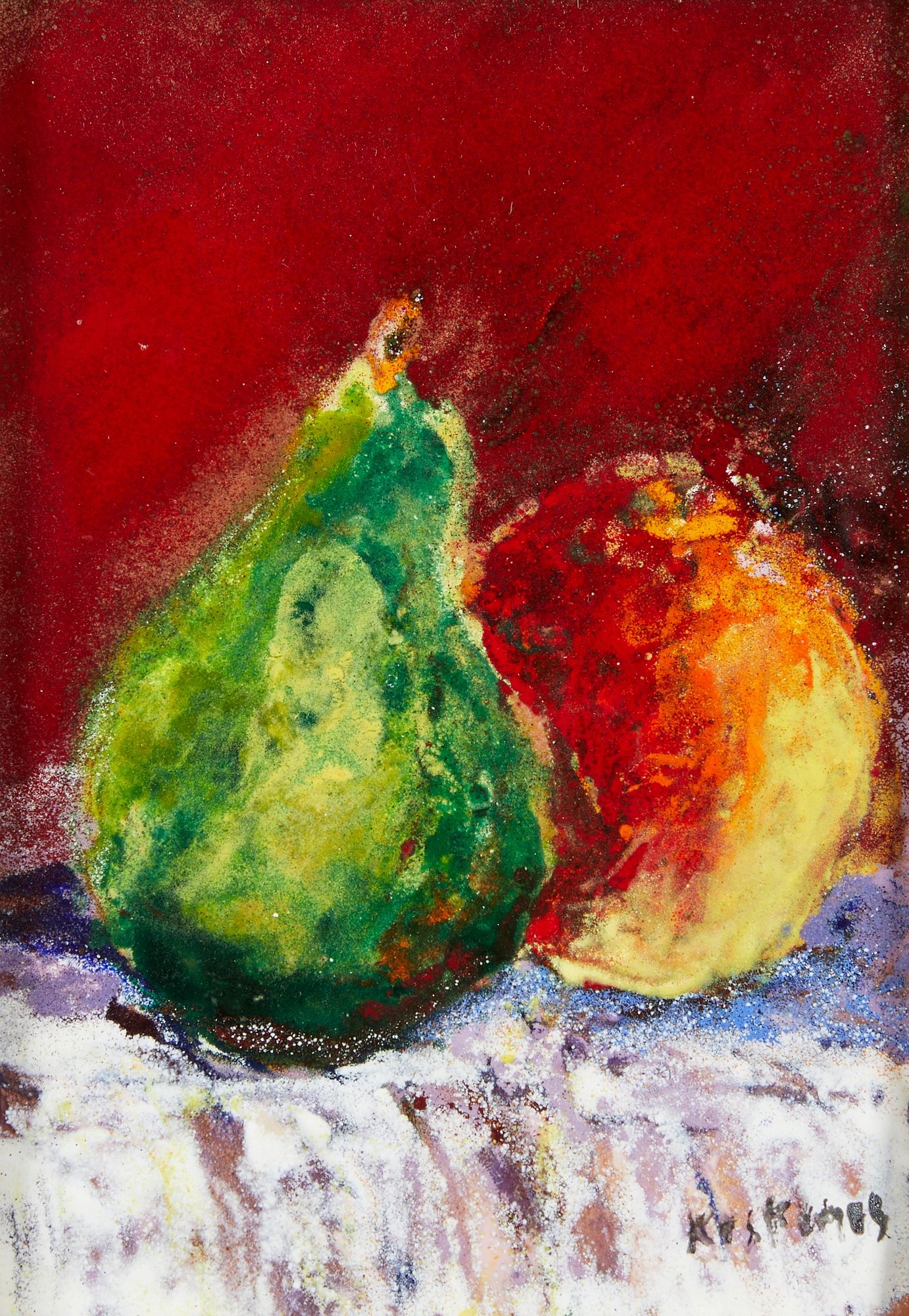 Artwork by Daphne Keskinis, Daphne Keskinis "The Three Pears" Still Life, Made of Enamel on copper painting