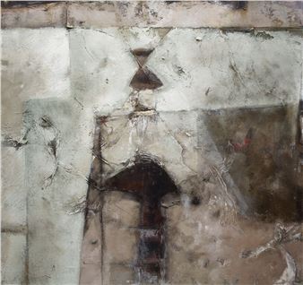 A textured abstract painting featuring a central dark archway against a weathered, mottled background.