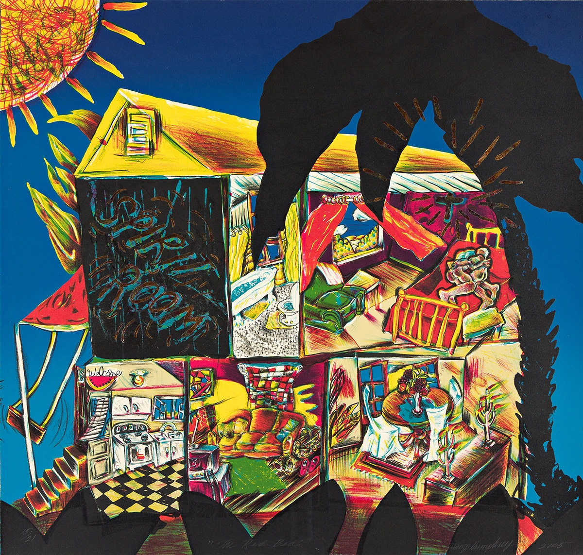 Artwork by Margo Humphrey, The Red Bed., Made of Color lithograph with gold leaf