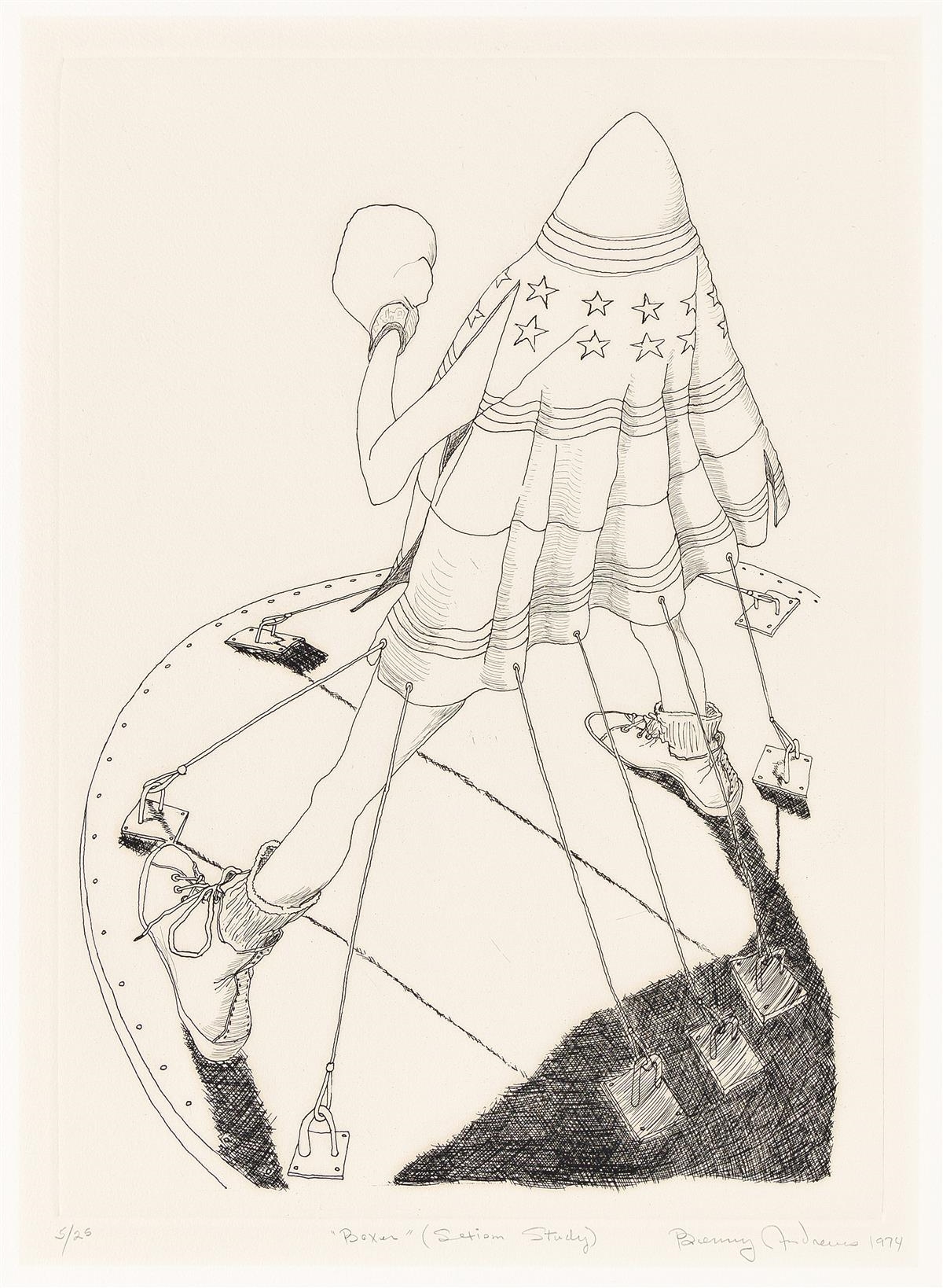 Artwork by Benny Andrews, Boxer (Sexism Study)., Made of Etching on cream wove paper