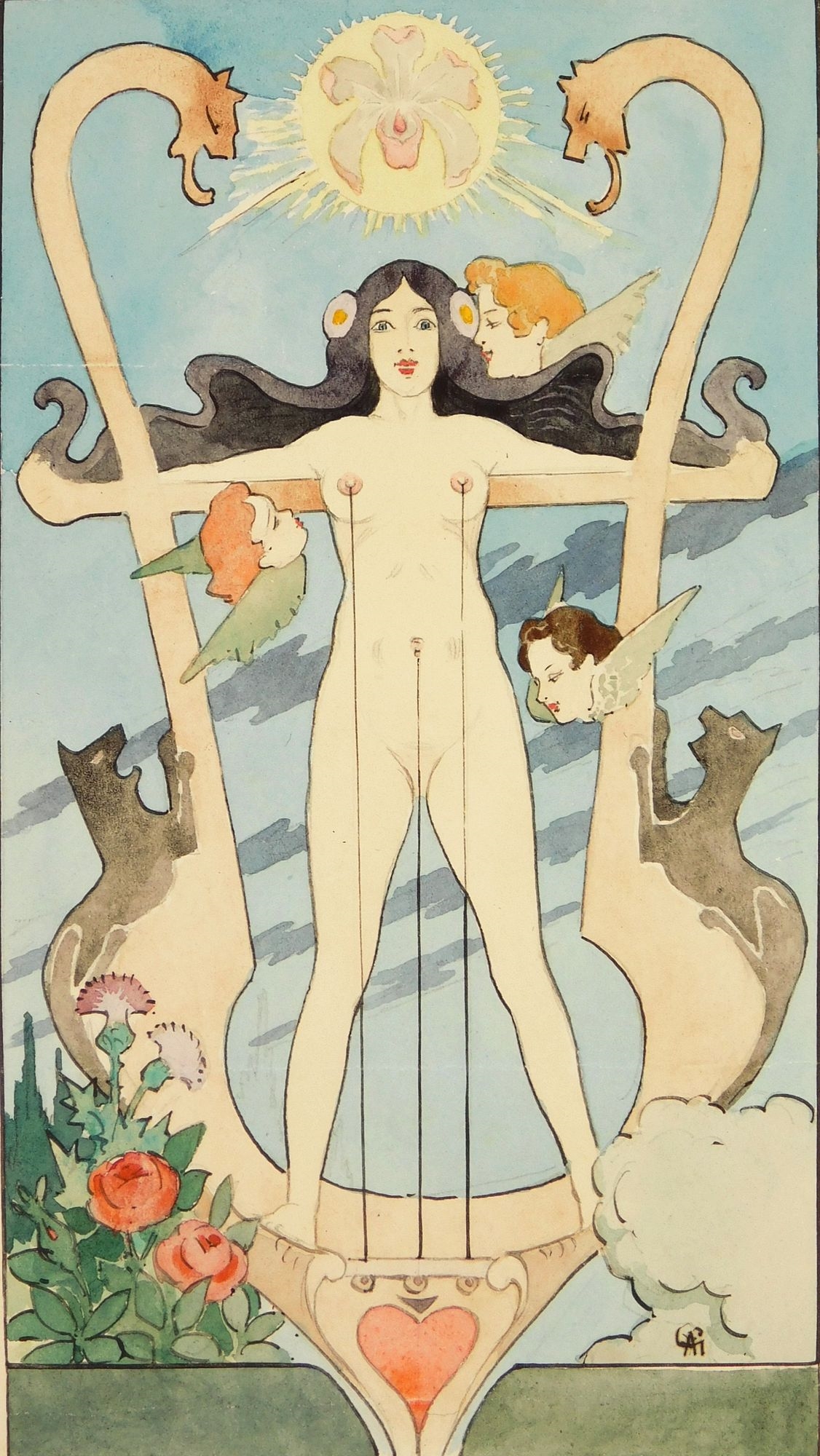 Artwork by Alexandre Graverol, Woman as a Musical Instrument, Made of watercolor on paper