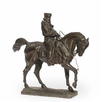 A detailed bronze sculpture of a mounted figure in historical military attire.
