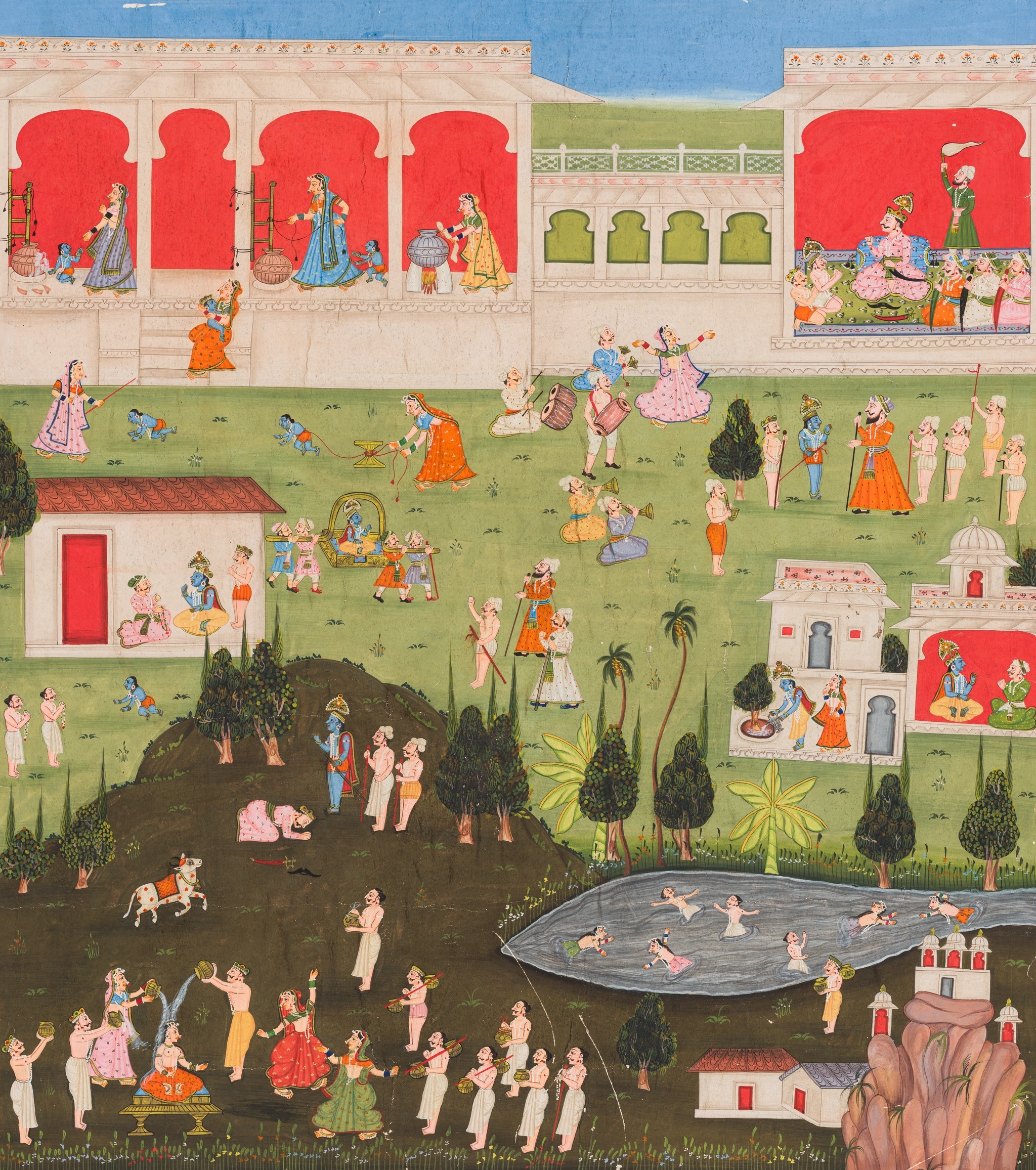 A LARGE INDIAN MINIATURE PAINTING DEPICTING SCENES FROM THE LIFE OF KRISHNA - Rajasthan School, 19th Century