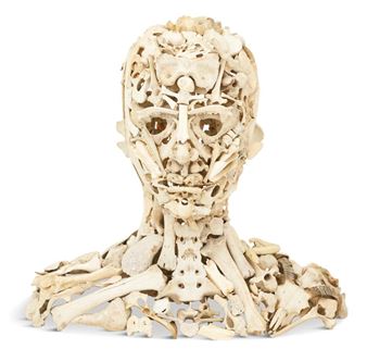 A macabre bust constructed from a chaotic assemblage of human bones against a stark white background.