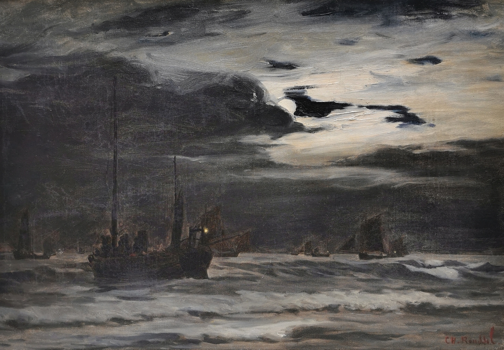 Artwork by Charles Emmanuel Joseph Roussel, La pêche nocture, Made of oil on canvas