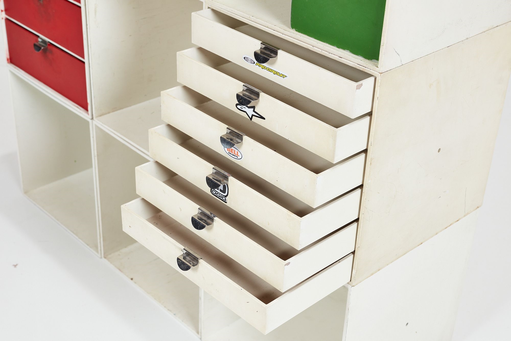 Artwork by Ristomatti Ratia, Set of nine modular 'Palaset' storage cubes, Made of Painted plastic, chrome-plated metal