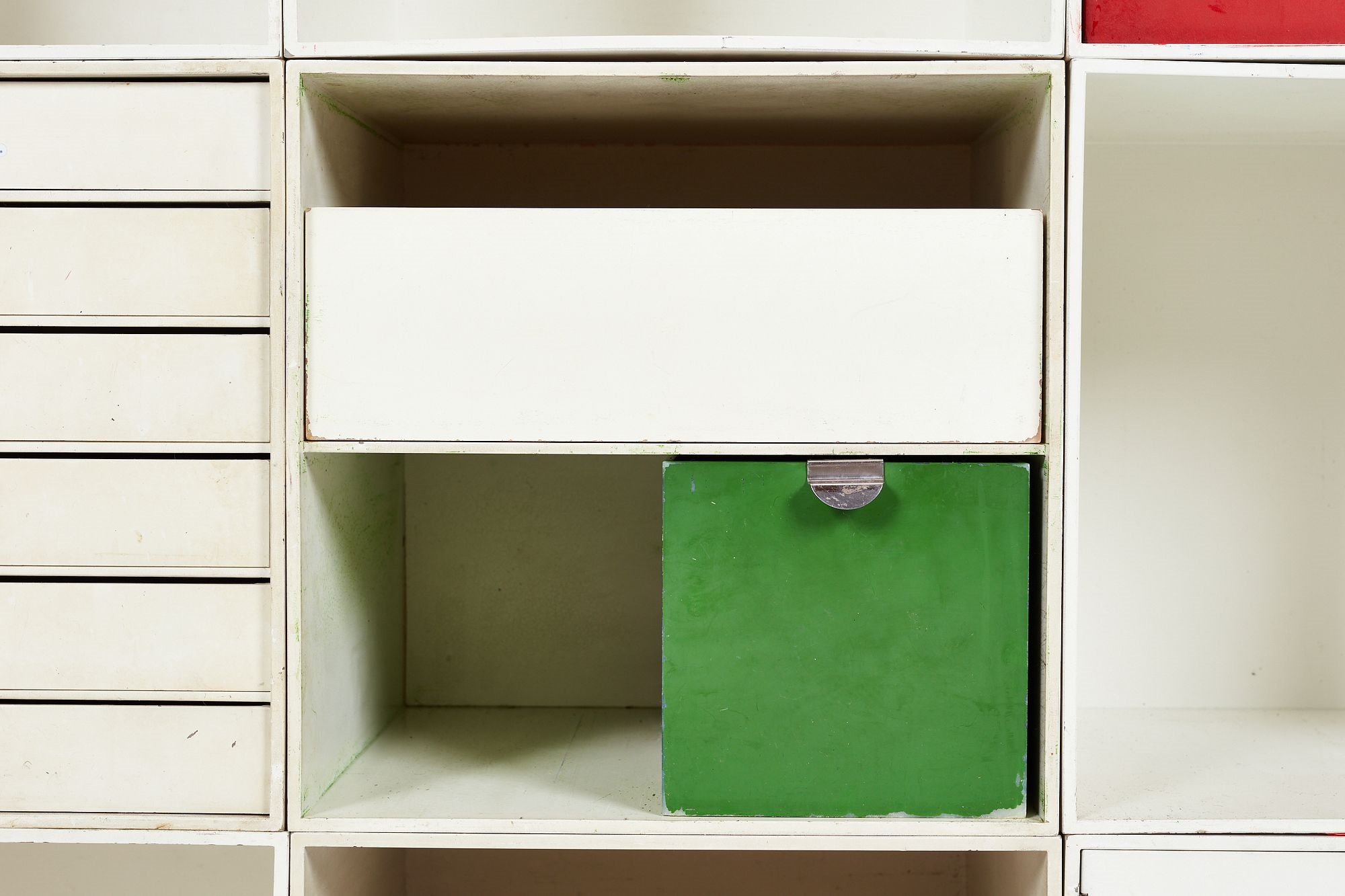 Artwork by Ristomatti Ratia, Set of nine modular 'Palaset' storage cubes, Made of Painted plastic, chrome-plated metal