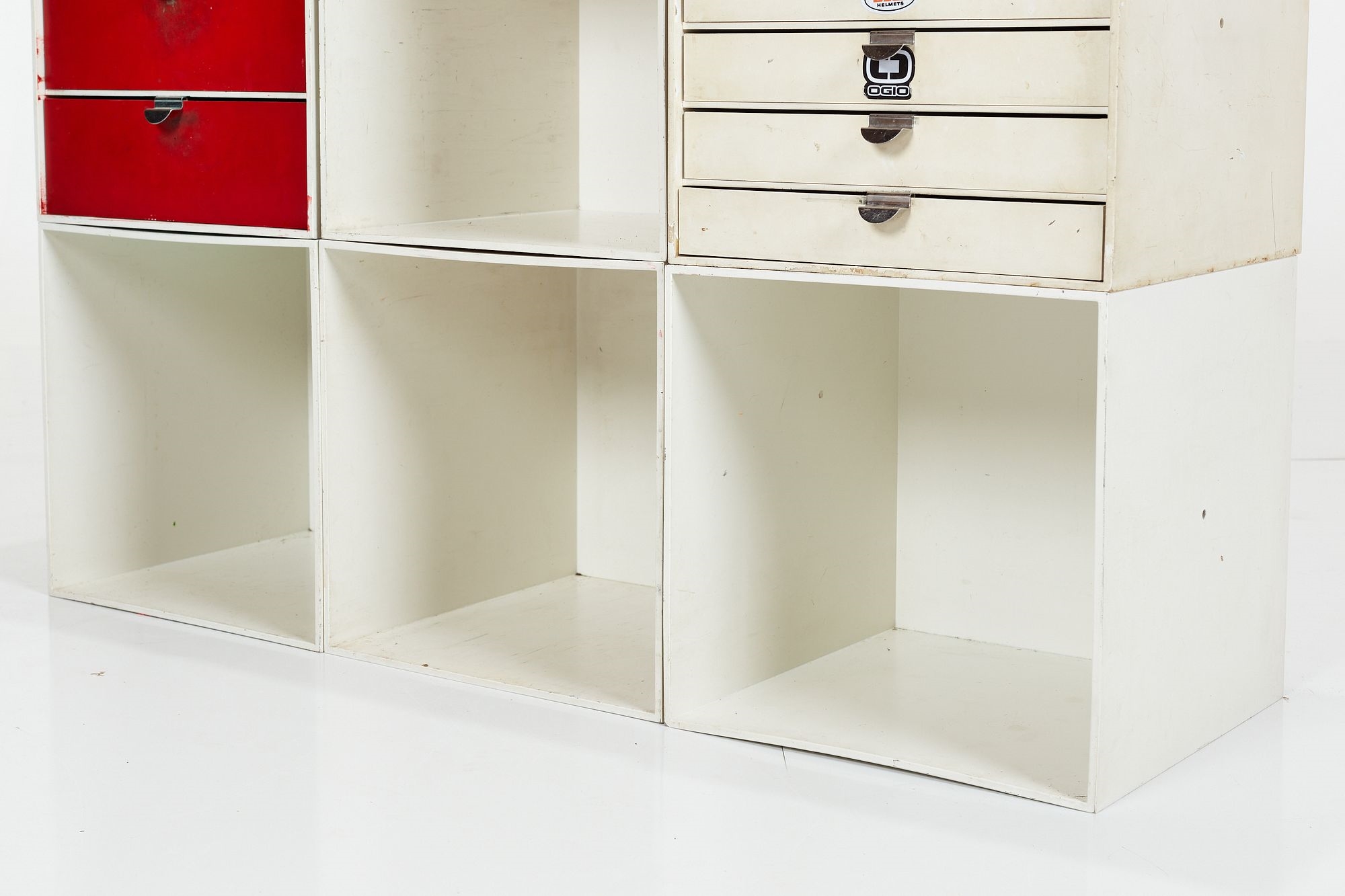 Artwork by Ristomatti Ratia, Set of nine modular 'Palaset' storage cubes, Made of Painted plastic, chrome-plated metal