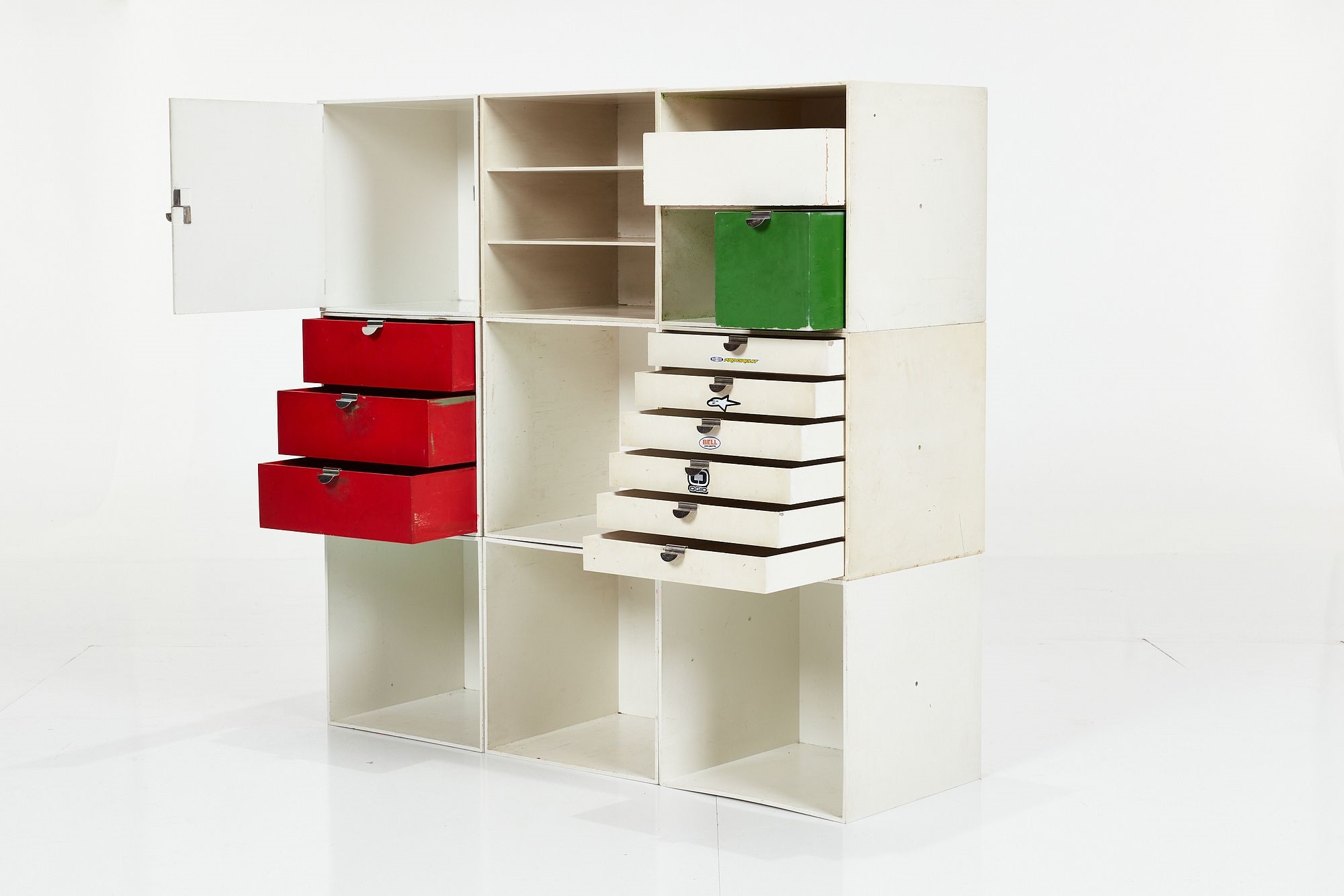 Artwork by Ristomatti Ratia, Set of nine modular 'Palaset' storage cubes, Made of Painted plastic, chrome-plated metal