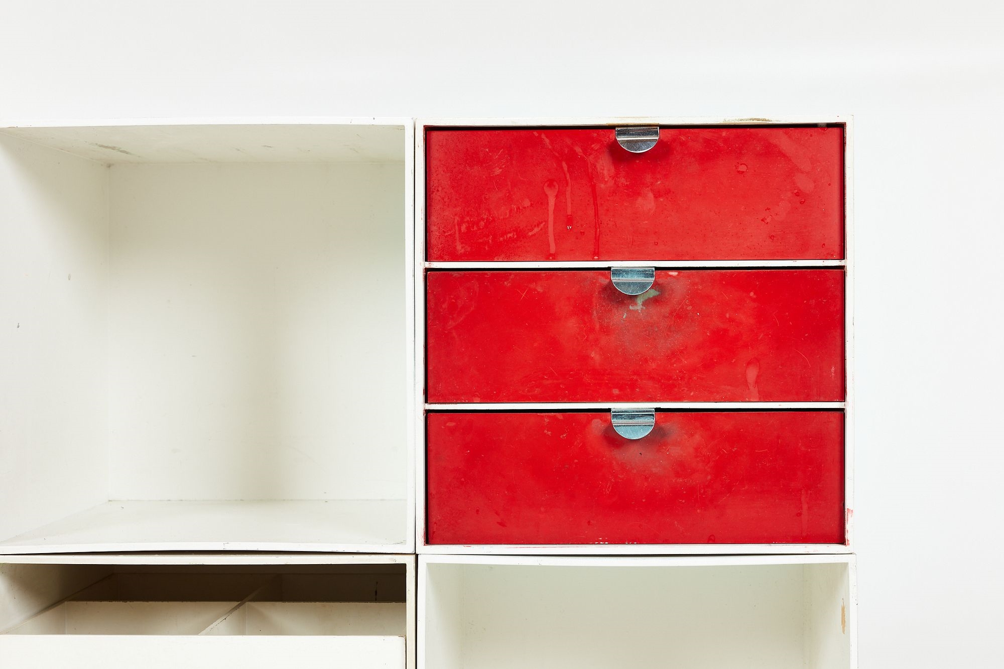 Artwork by Ristomatti Ratia, Set of nine modular 'Palaset' storage cubes, Made of Painted plastic, chrome-plated metal