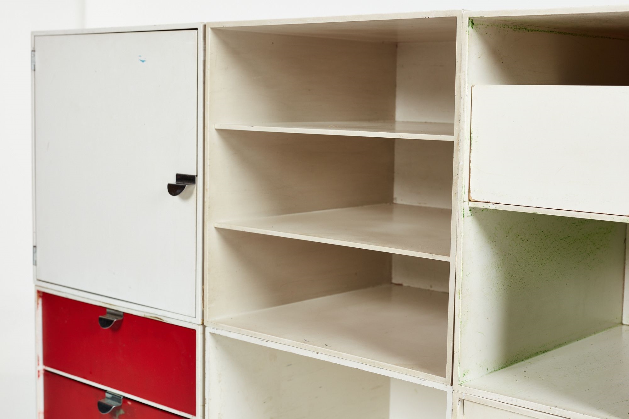 Artwork by Ristomatti Ratia, Set of nine modular 'Palaset' storage cubes, Made of Painted plastic, chrome-plated metal