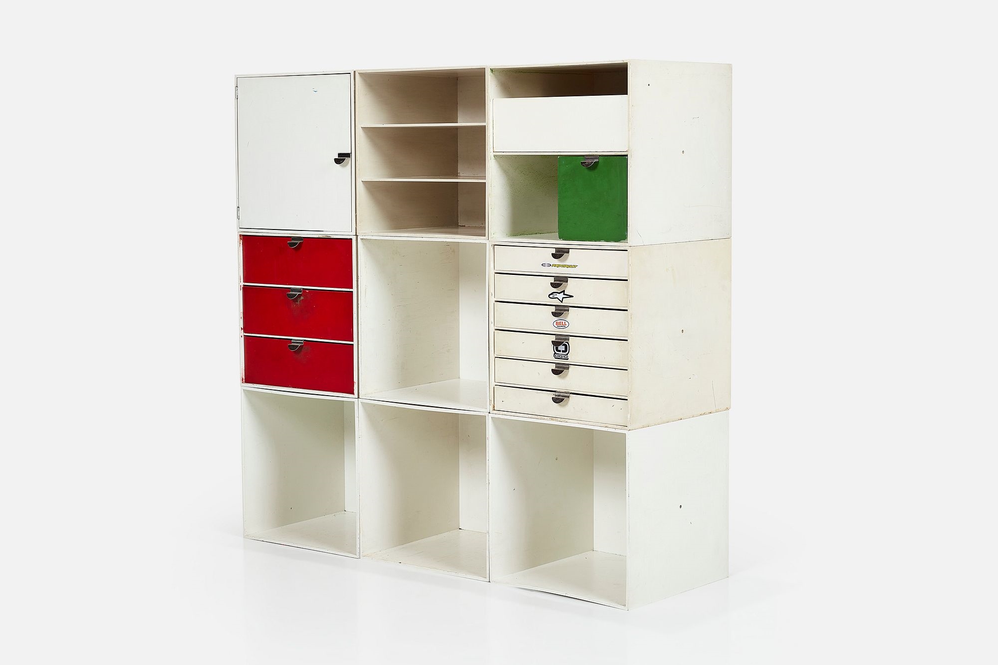 Artwork by Ristomatti Ratia, Set of nine modular 'Palaset' storage cubes, Made of Painted plastic, chrome-plated metal