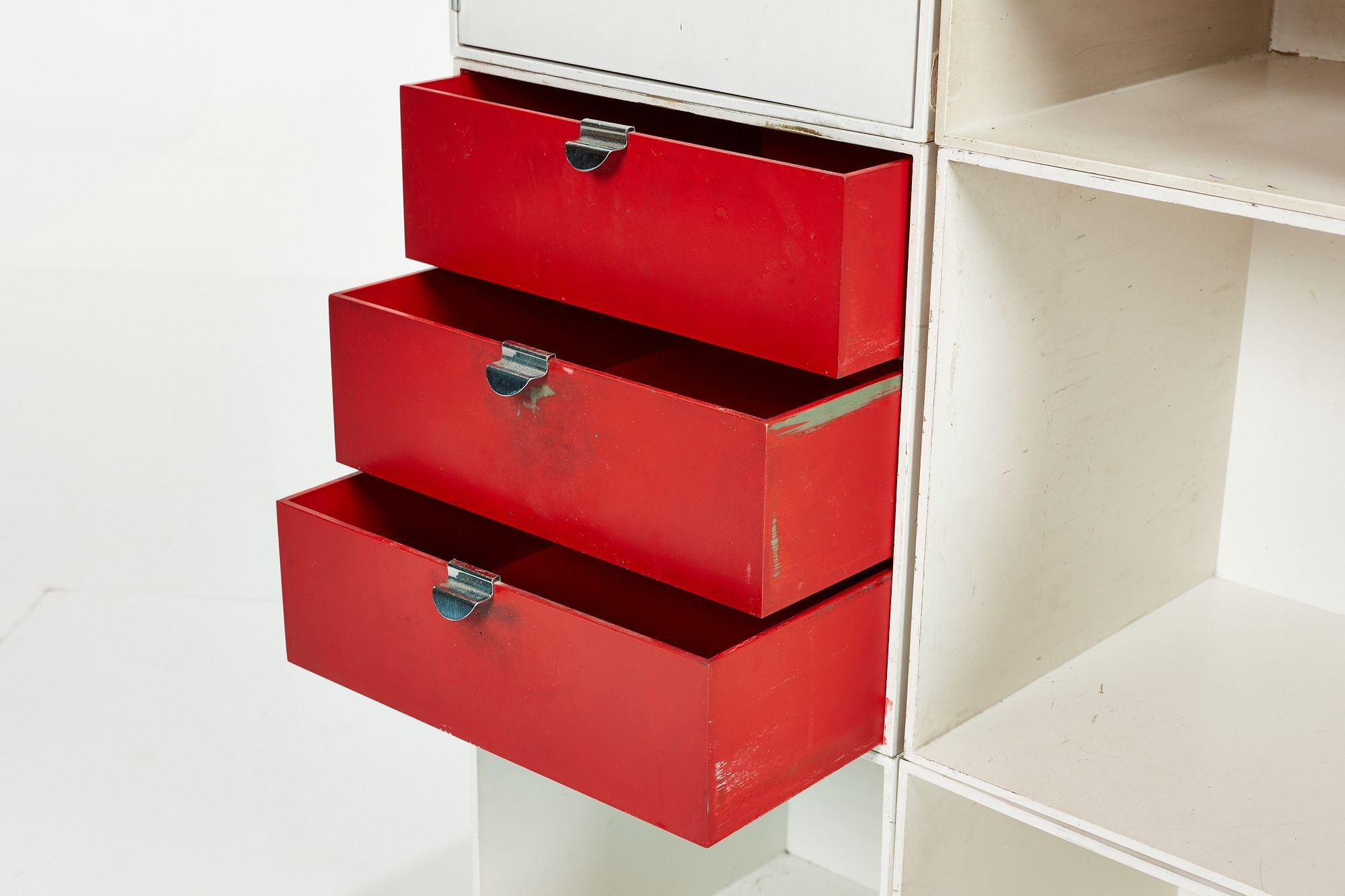 Artwork by Ristomatti Ratia, Set of nine modular 'Palaset' storage cubes, Made of Painted plastic, chrome-plated metal