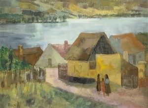 Artwork by János Rozs, Dunapart, Made of oil on board