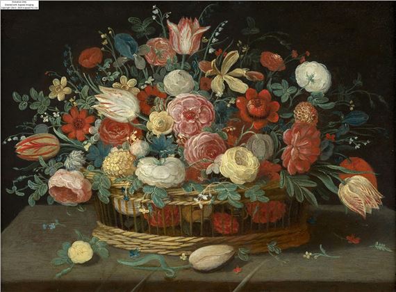 Corbeille de fleurs sur un entablement by Pseudo Jan van Kessel II