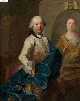 Autoportrait du peintre en train de peindre le portrait de son épouse Angélique Louise Hélène Dessaulx - Joachim Rupalley