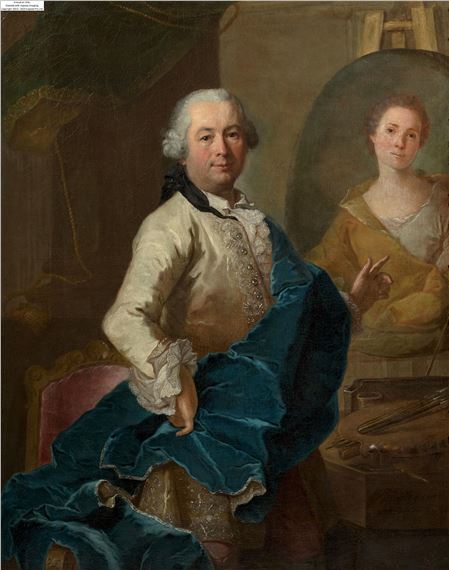 Autoportrait du peintre en train de peindre le portrait de son épouse Angélique Louise Hélène Dessaulx - Joachim Rupalley