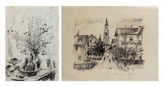 Lotto di due disegni: A-"W. Cortina" 1950 B-"Vaso di fiori" by Massimo Quaglino, 1950