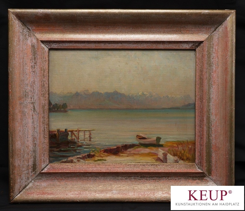 Artwork by Franz Löffler, Ufer am Bodensee mit Kahn, Made of oil on cardboard