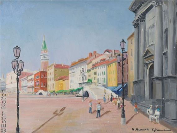 "The quays of Venice Oil on canvas by Hélène Besnard-giraudias, dated 1969