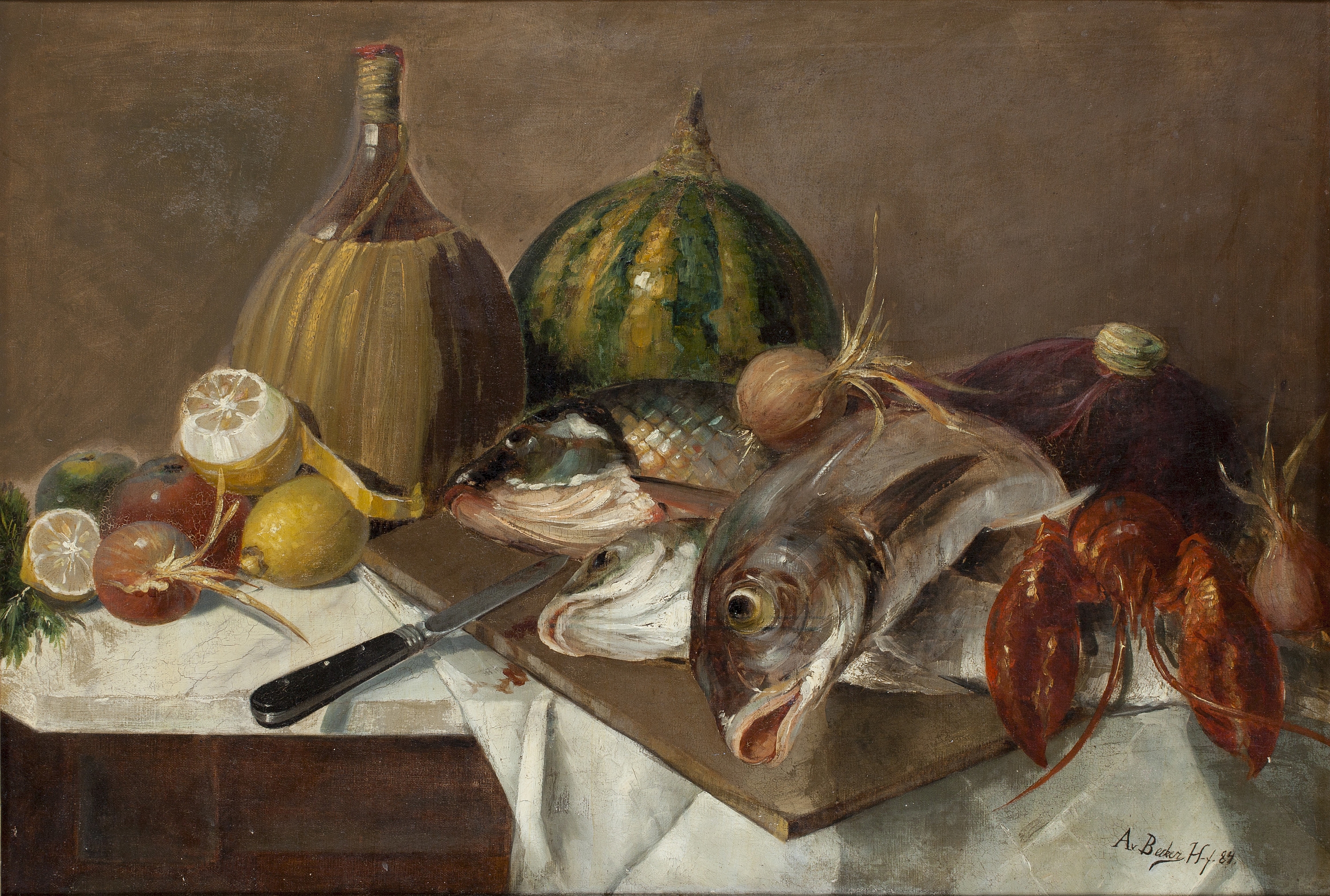 Artwork by Adolf von Becker, Still life with fish, Made of Oil on canvas