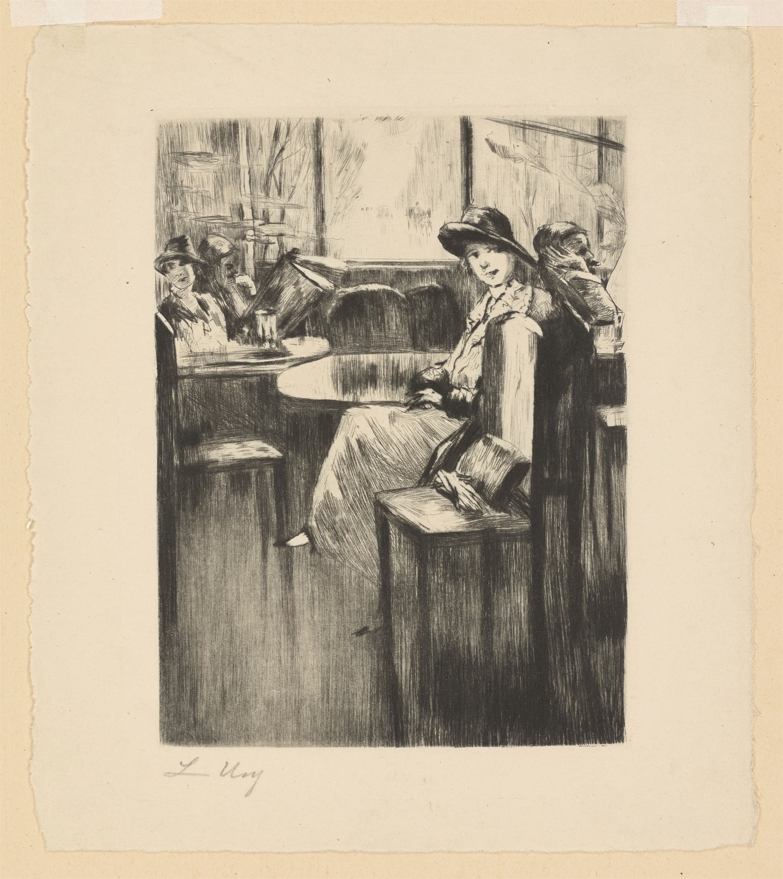 Lesser Ury | Junges Mädchen im Café mit Straßenblick (1924) | MutualArt