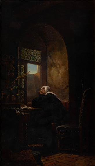 This famous scene of a nun in a dark room peering out at the daylight (A Greeting from the World) by Arthur Geissler, Early 20th century