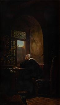 This famous scene of a nun in a dark room peering out at the daylight (A Greeting from the World) - Arthur Geissler