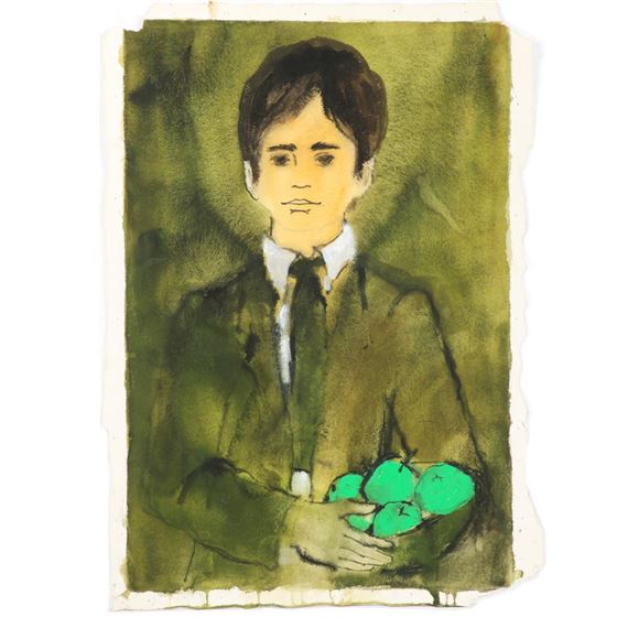 A watercolor portrait of a young figure in formal attire holding a basket of bright green apples.