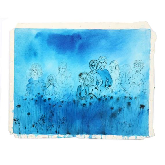 A watercolor illustration of a group of figures standing in a field of tall grass under a blue sky.