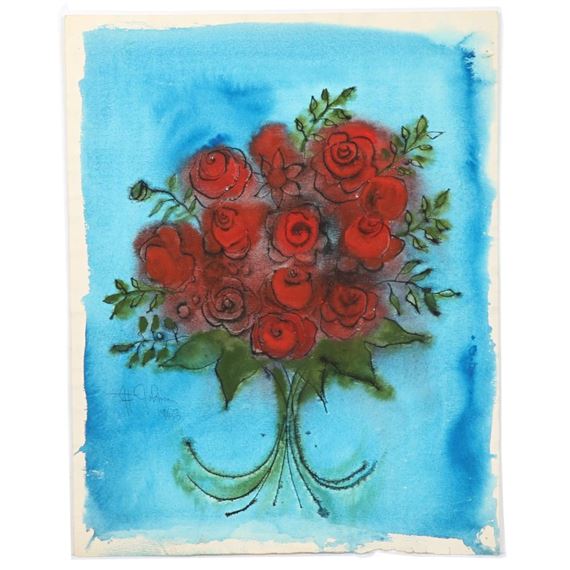 A watercolor painting of a vibrant bouquet of red roses against a blue background.