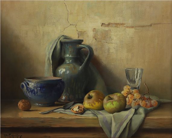 Still life with earthenware vessels apples and grapes by Robert Chailloux