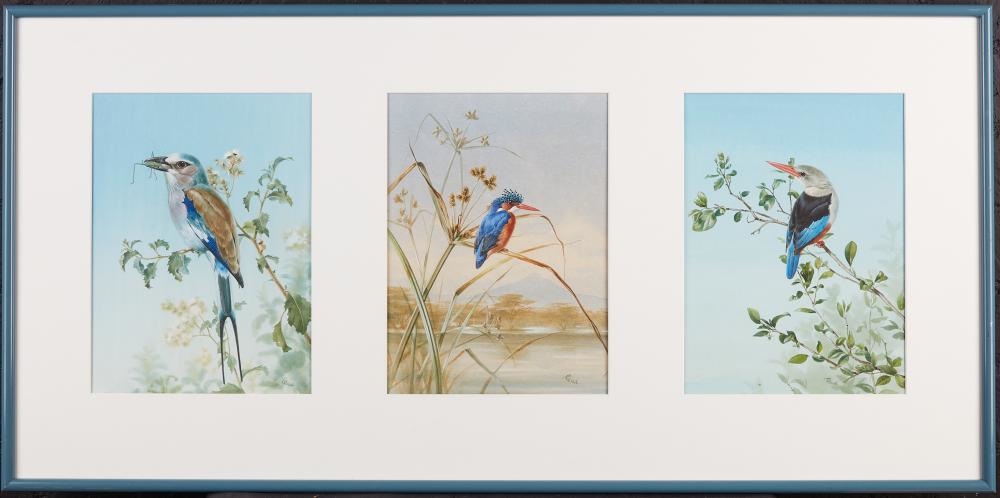 Artwork by Rena Fennessy, Lilac Roller with grasshopper; Kingfisher; Greyheaded Kingfisher; together with another (4, Made of watercolor on paper