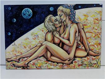 Bruna X 'Love in the Planets Jupiter' oil on canvas signed and dated 1975 unframed 60cm x 90cm
Location - Bruna X