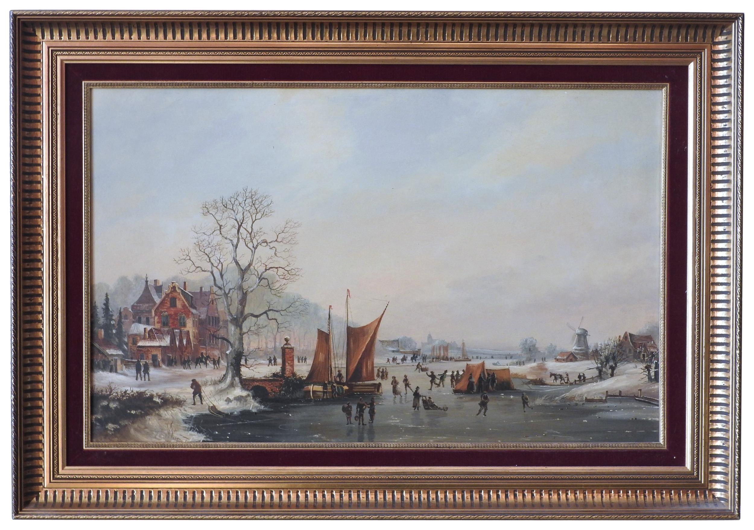 depicting a winter scene with figures skating on a frozen river with boats and a windmill beyond - Hendrick Avercamp