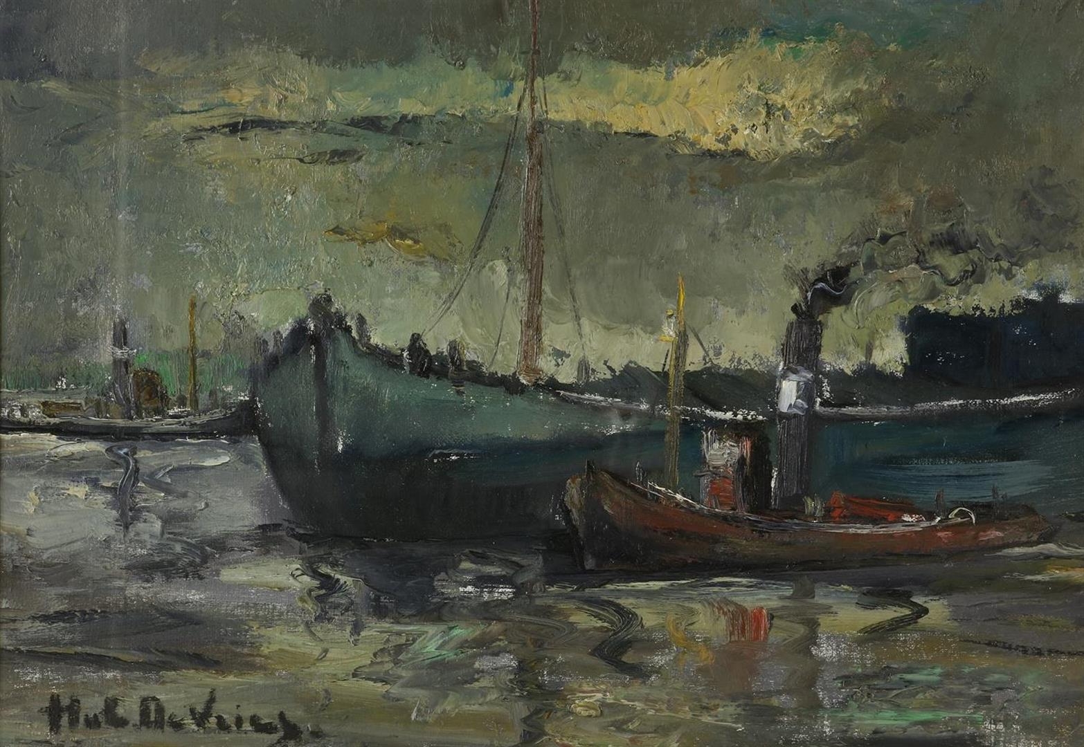 Hubert de Vries | Sailboat and steamboat in harbour | MutualArt