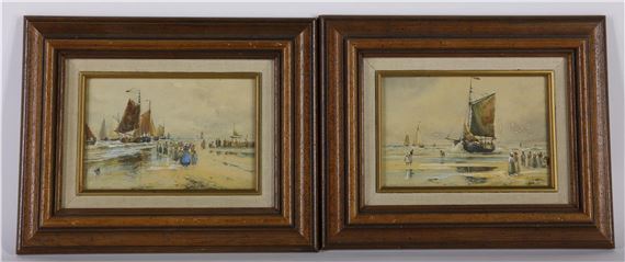 Fishermen on the beach (2x) by Charles Frederick Allbon