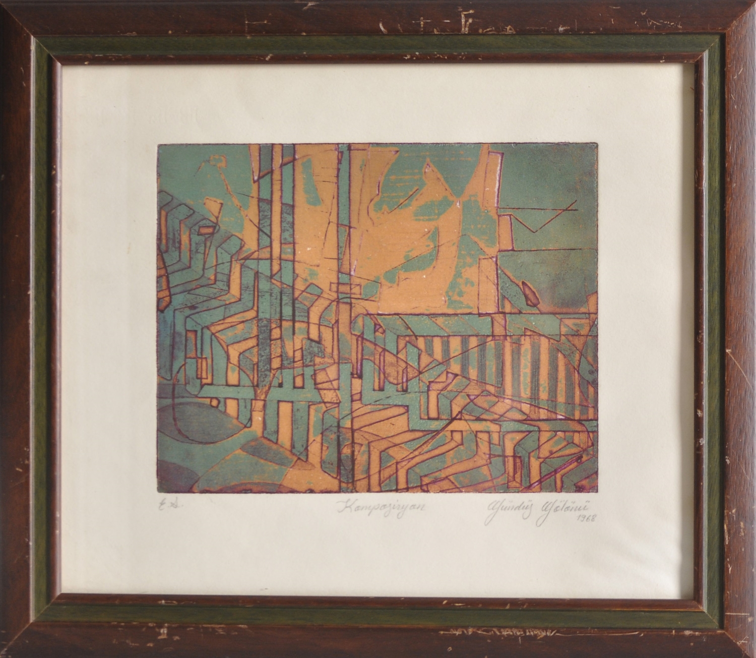 Artwork by Gündüz Gölönü, Kompozisyon, İmzalı, 1968 Tarihli, Renkli basılmış gravür, ED: E.A. (Sanatçı baskısı, Made of engraving