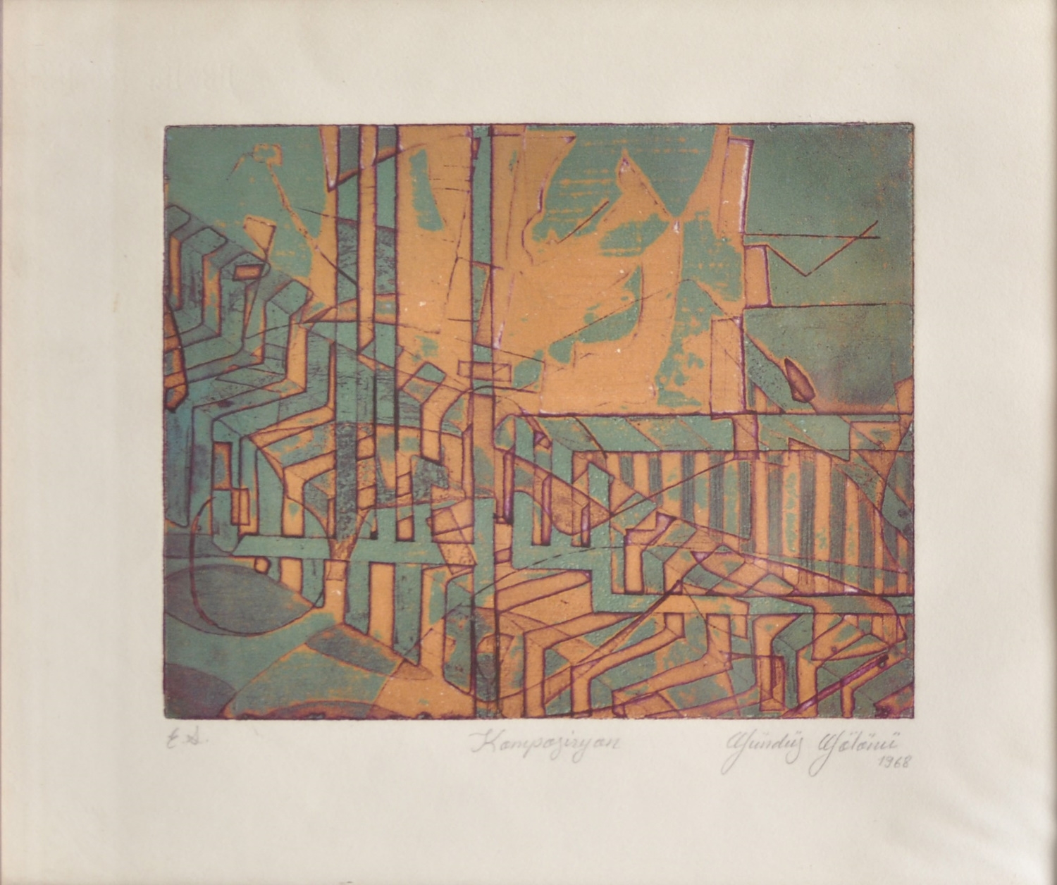 Artwork by Gündüz Gölönü, Kompozisyon, İmzalı, 1968 Tarihli, Renkli basılmış gravür, ED: E.A. (Sanatçı baskısı, Made of engraving