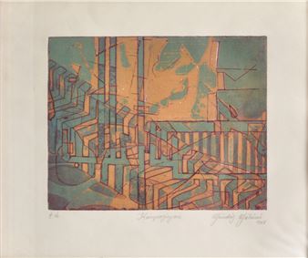 Kompozisyon, İmzalı, 1968 Tarihli, Renkli basılmış gravür, ED: E.A. (Sanatçı baskısı - Gündüz Gölönü