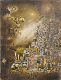 Fantastik Kompozisyon, İmzalı, 90 Tarihli, Prestuval üzerine yağlıboya - Tekin Artemel