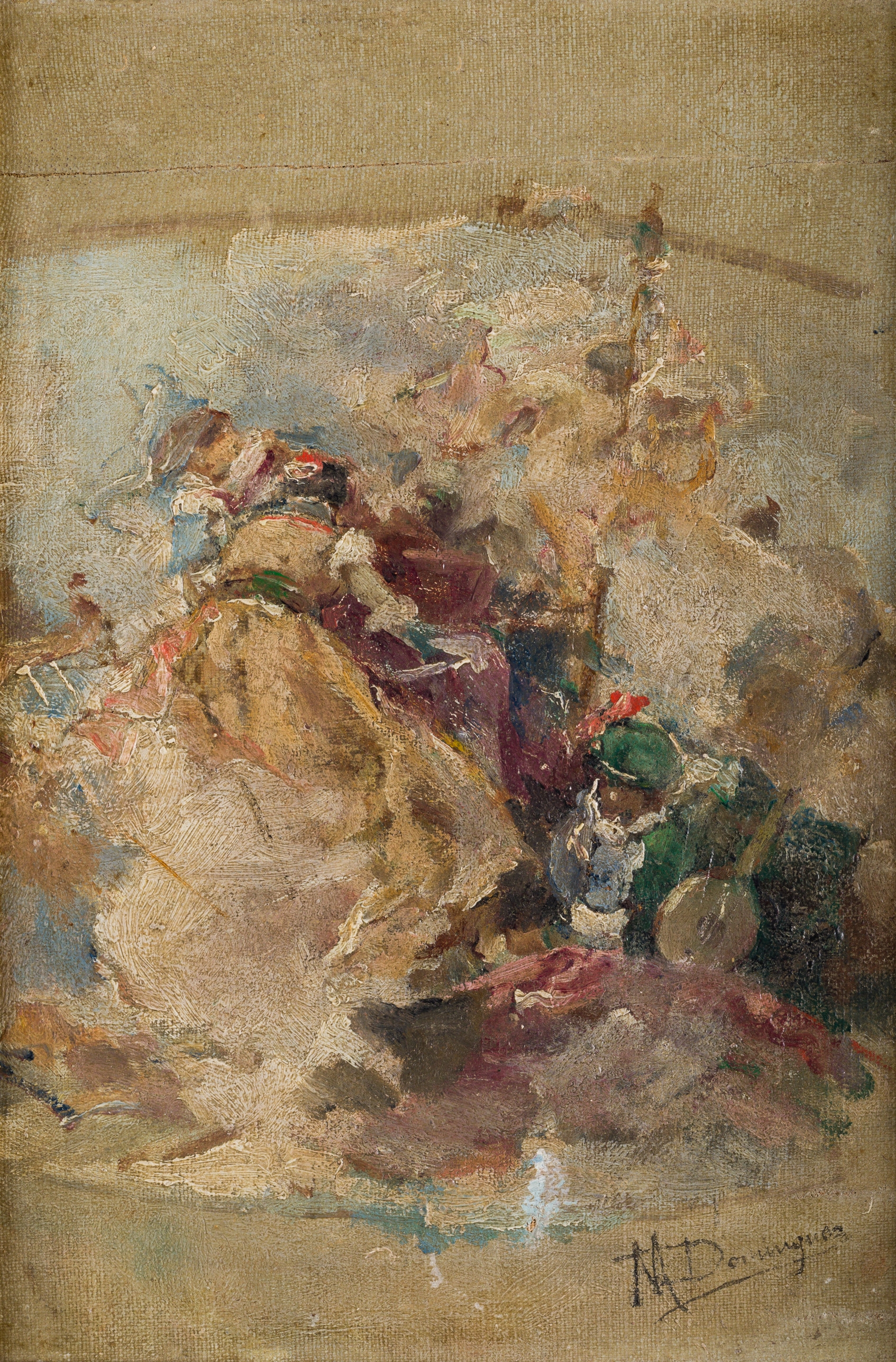 Artwork by Manuel Dominguez Meunier, "Boceto para tech con figura dfemenina de espaldas y trovador", Made of oil on canvas