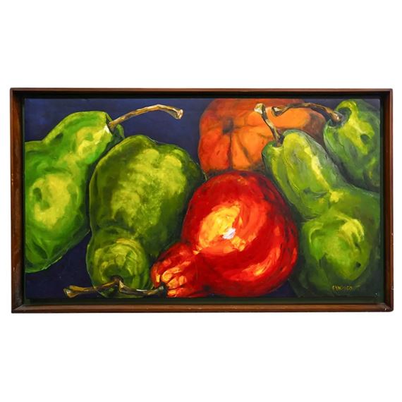 Still life scene with several pear fruits in assorted colors - P. Miranda