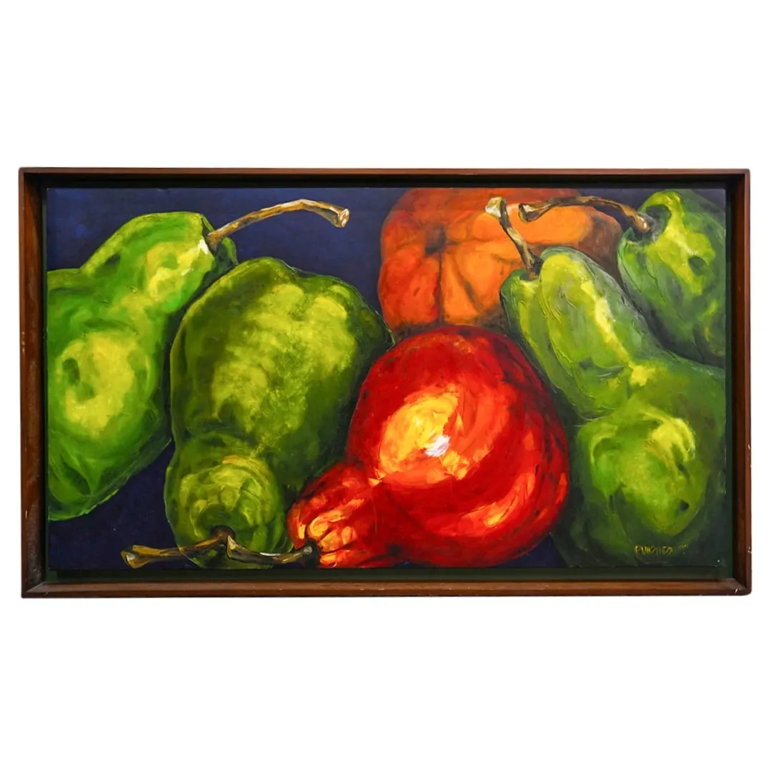 Artwork by P. Miranda, Still life scene with several pear fruits in assorted colors, Made of Oil Painting On Canvas