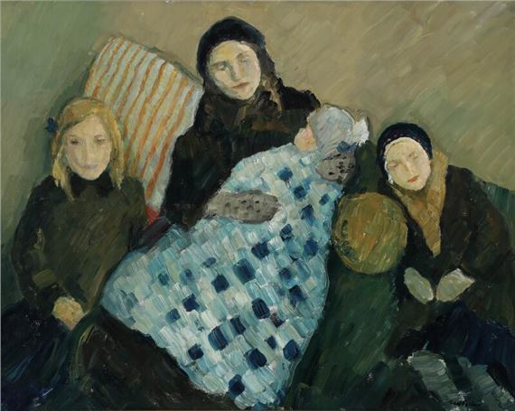 A woman sitting with her three children by Carl Fischer, 1922