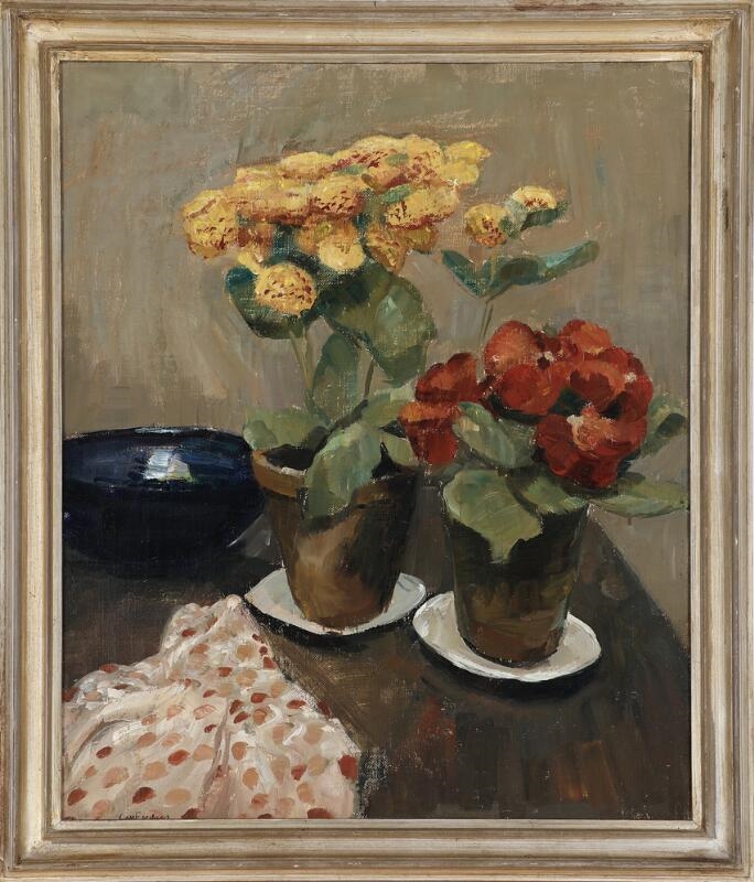 Artwork by Carl Fischer, Still life with flowerpots on a table, Made of Oil on canvas