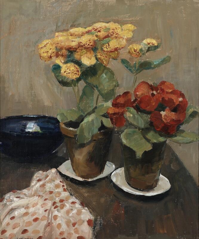 Artwork by Carl Fischer, Still life with flowerpots on a table, Made of Oil on canvas